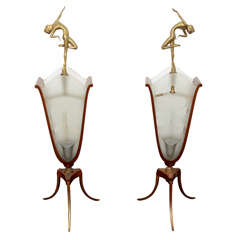 Superb Art Deco Lamps with Bronze Nude Figures and Etched Scenic Glass Panels