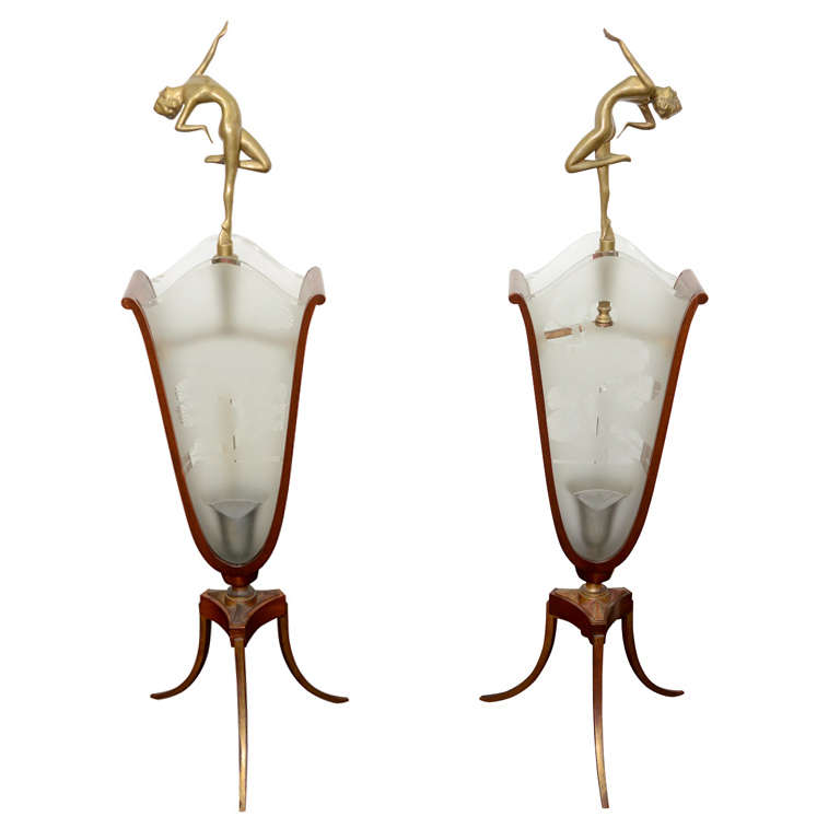 Superb Art Deco Lamps with Bronze Nude Figures and Etched Scenic Glass Panels For Sale