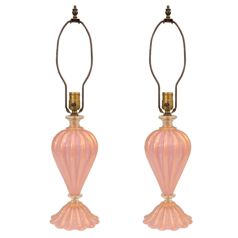 Pair of Mid Century Murano Glass Lamps in Pink and Gold