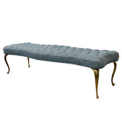 Mid Century Tufted Blue Bench with Brass Legs