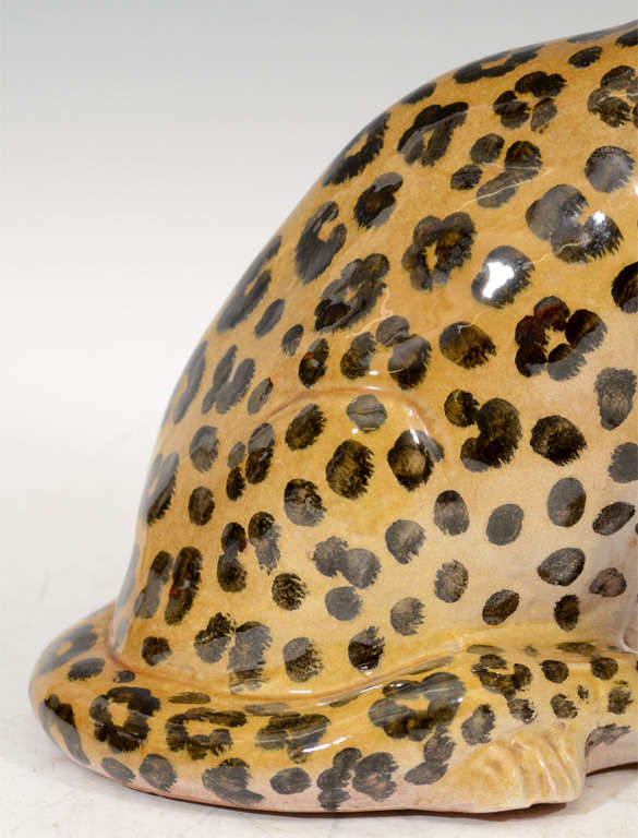 20th Century Mid Century Italian Majolica Sculpture of a Leopard