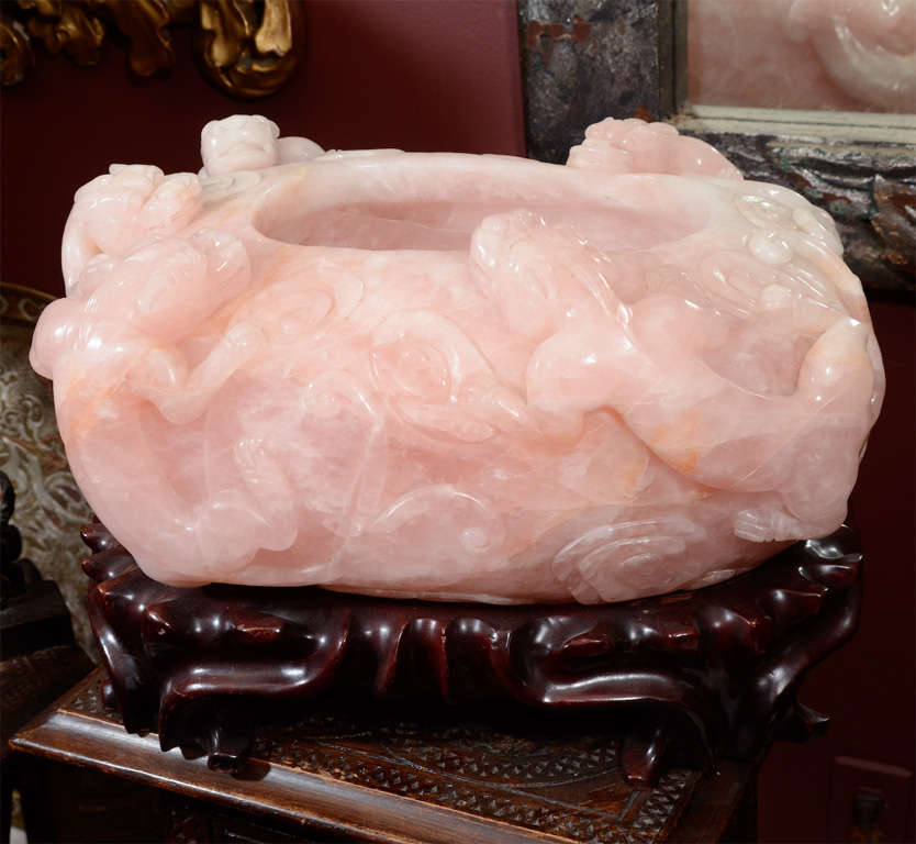 Chinese Rose Quartz Bowl on Carved Rosewood Base
