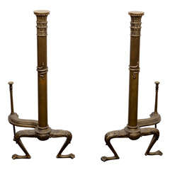 Pair of Columnar Neoclassical Bronze Andirons