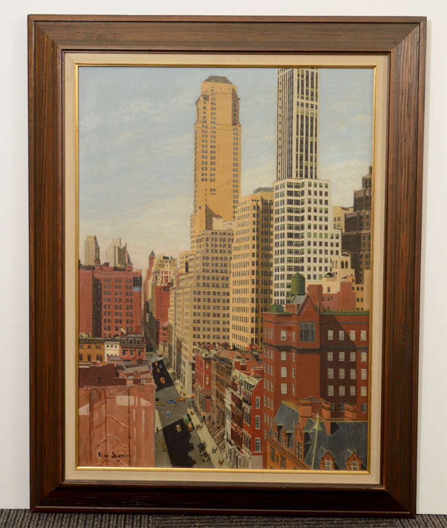 An oil on canvas painting by Rene Schmitt, signed in lower left, depicting a colorful scene of buildings in New York 
