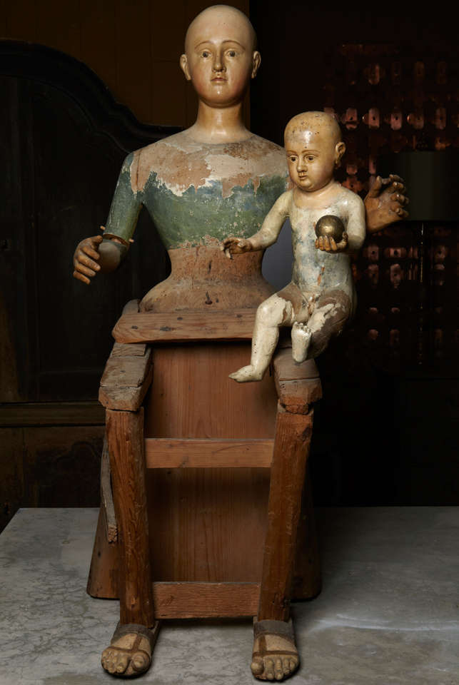 A magnificent early 18th century Italian Madonna & her seating child - hand carved  with exquisite details of faces and hands, and very rough structure. The mannequin used to be dressed with clothes and jewelry. Visible parts are stil in their