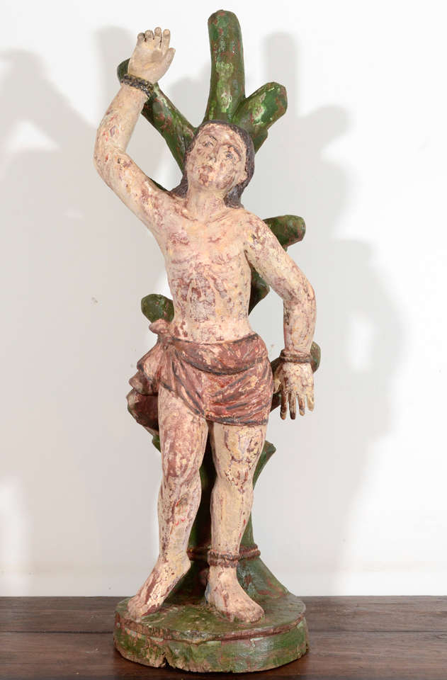Wood Carved Painted St. Sebastian Statue from Southern Indian state of Kerala. Remnants of old Portuguese, Dutch and French colonial influence.