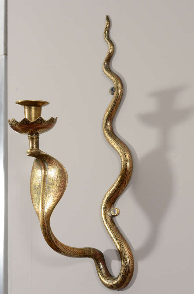 Pair of Egyptian Revival Brass Serpent Sconces 1