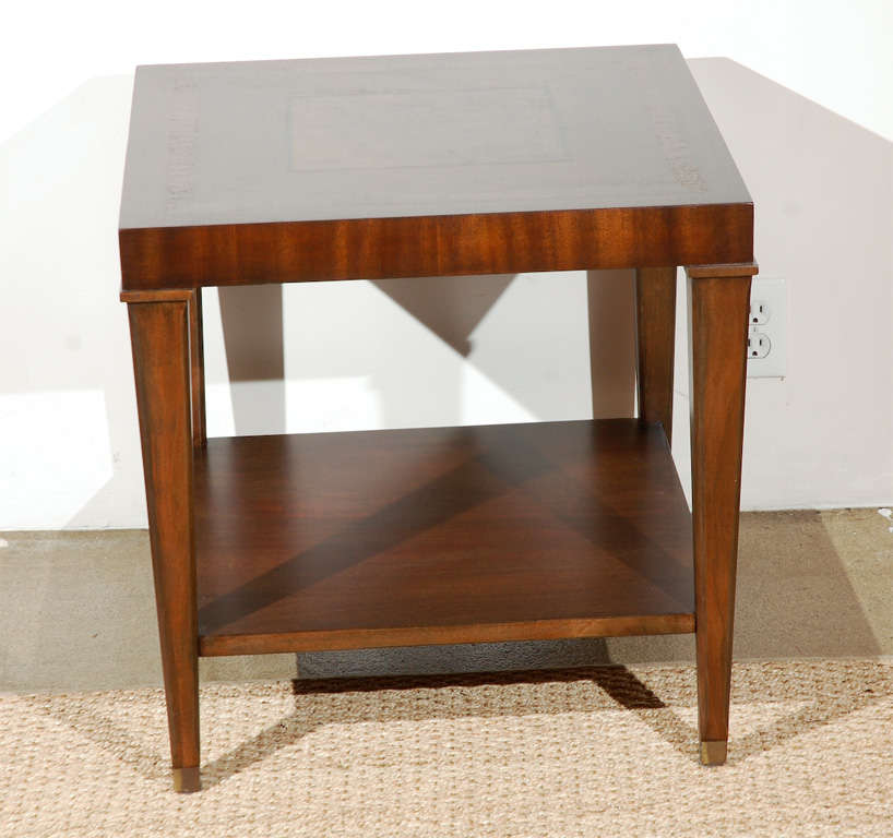 This pair of beautiful 1960s Lane side tables feature dark, nearly-matte walnut with burlwood inlays, with a lower shelf perfect for stacking of books and magazines. 