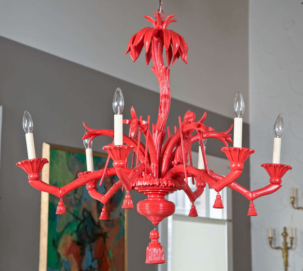 Exotic coral color custom Chinoiserie six light chandelier.