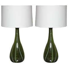 Pair of Olive Green and White Murano Glass Table Lamps