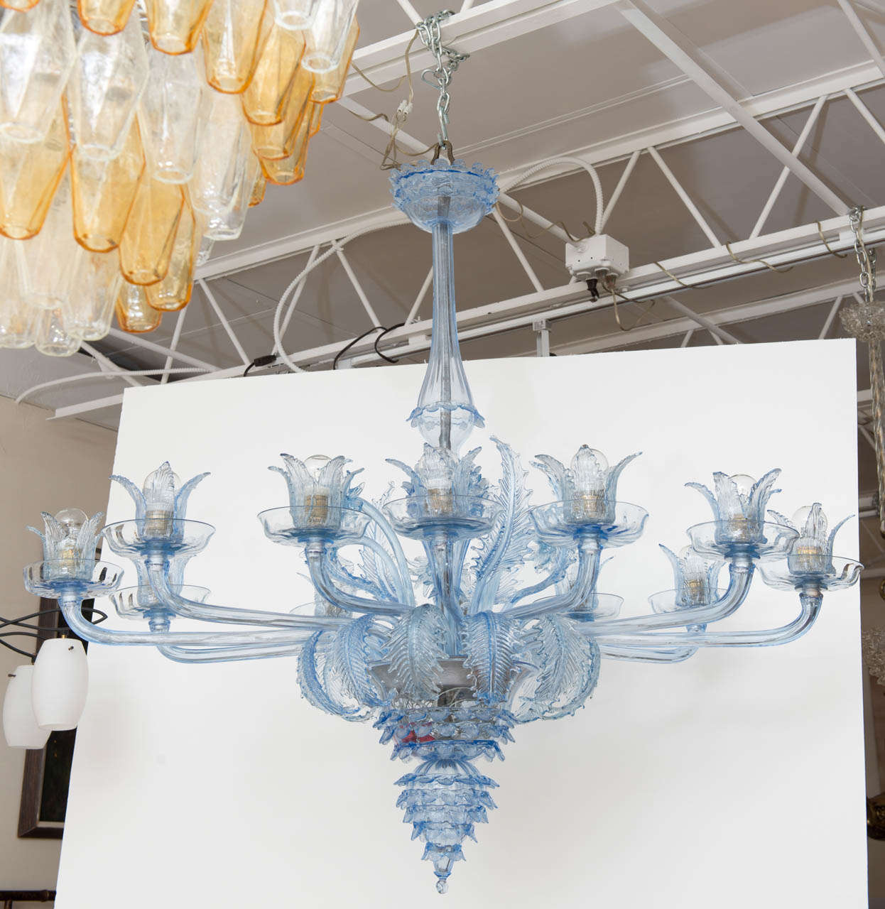 Stunning chandelier by Barovier e Toso in the clearest blue glass imaginable, a true masterpiece.