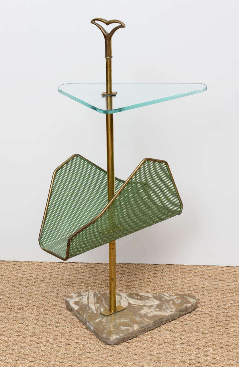 Italian Modernist umbrella stand. With marble base, mesh basket and glass tray.