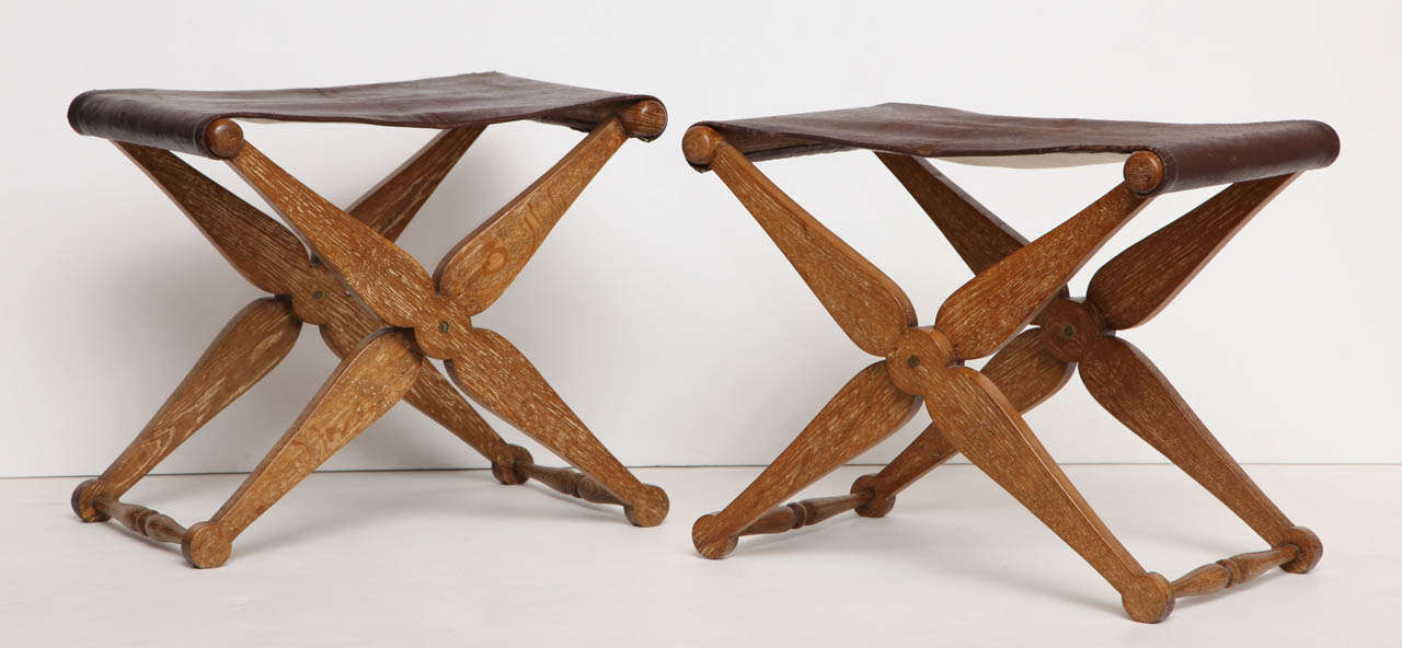 Pair of Limed Oak and Leather Folding Stools