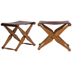 Pair of Limed Oak and Leather Folding Stools