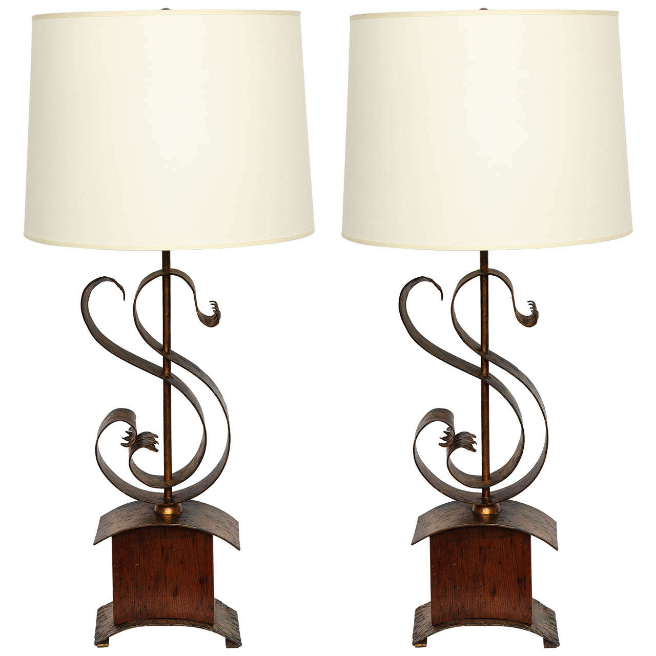  Table Lamps Pair Art Moderne iron and wood 1940's