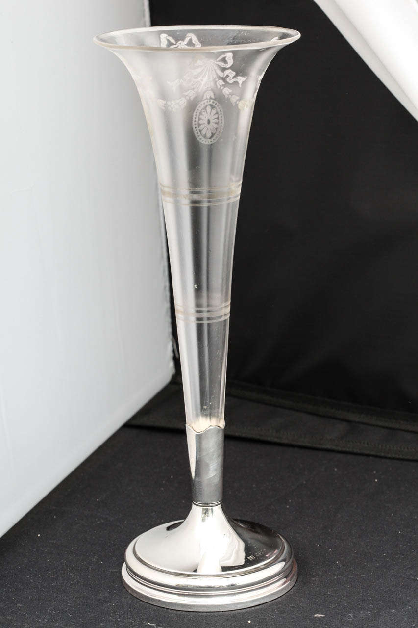 Edwardian, tall, sterling silver-mounted, irridescent etched glass vase, Chester, England, 1906, Robert Pringle - maker. Over 11 3/4