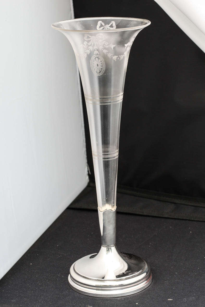 Edwardian Tall Sterling Silver-Mounted Irridescent Etched Glass Vase 2