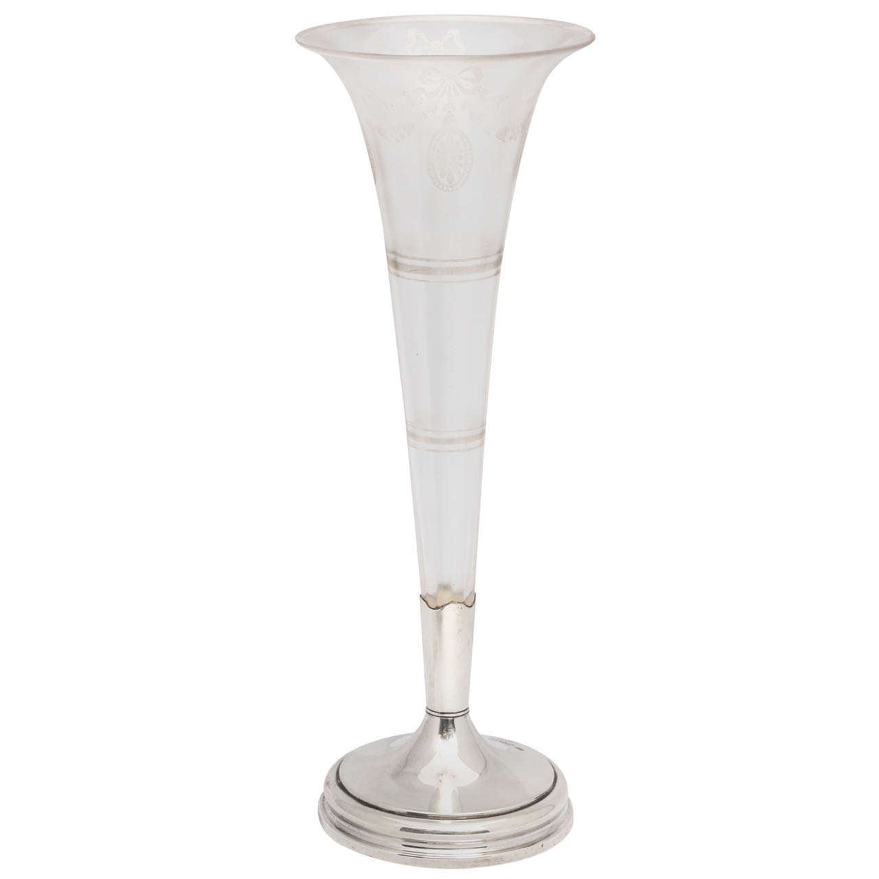 Edwardian Tall Sterling Silver-Mounted Irridescent Etched Glass Vase