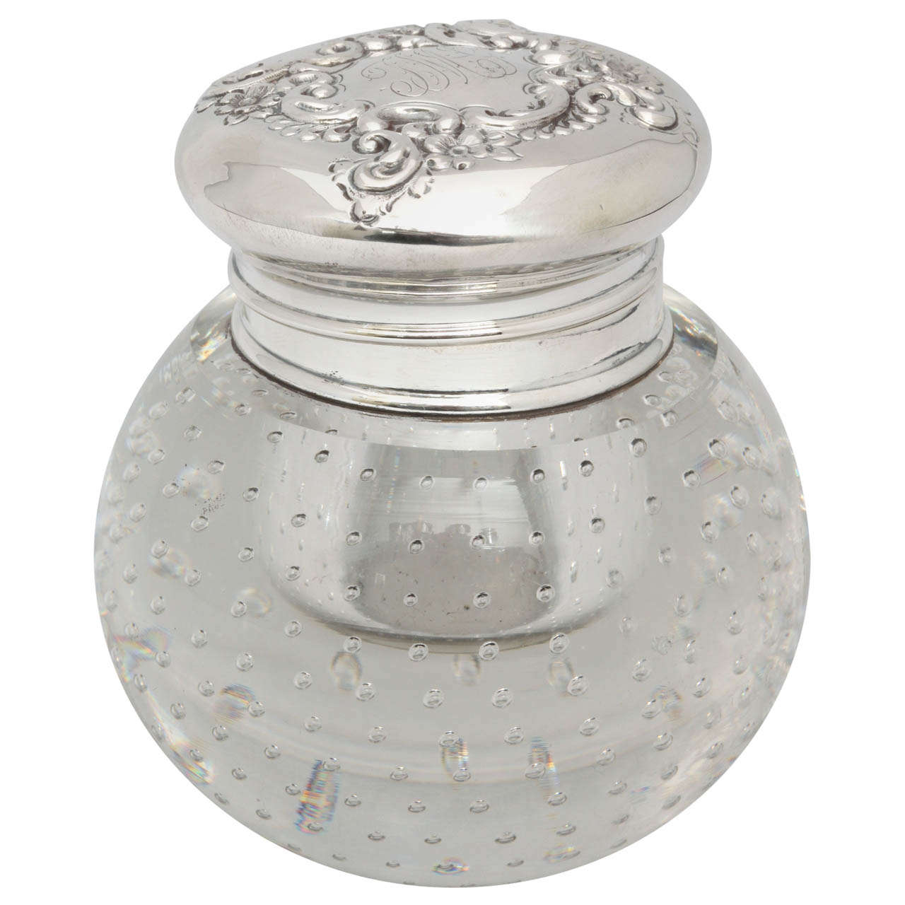 Sterling Silver-Mounted "Pairpoint Controlled Bubbles" Crystal Inkwell