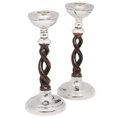 Jacobean-Style Sterling Silver-Mounted Open Wood Barley Twist Candlesticks