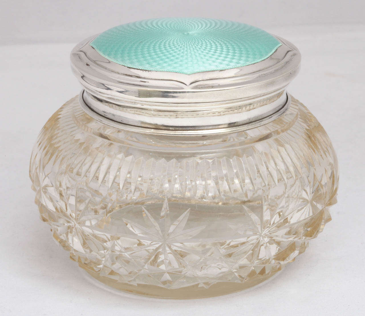 Art Deco, cut crystal powder jar, mounted by a sterling silver and turquoise guilloche enamel lid, Birmingham, England, 1925, Levi & Salamon - makers. @3 3/4