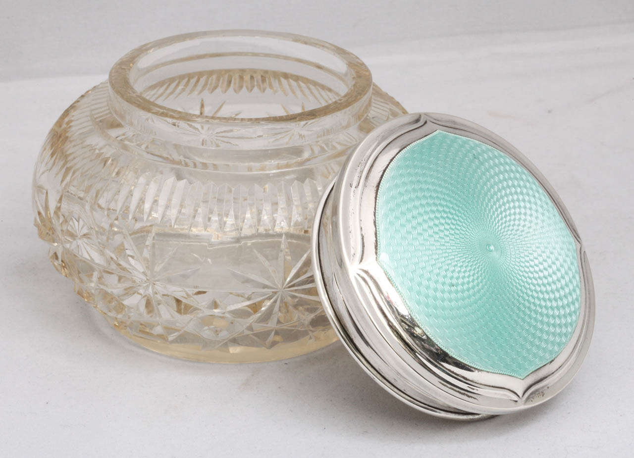 British Art Deco Cut Crystal Powder Jar Mounted by a Sterling Silver and Turquoise Guilloche Enamel Lid