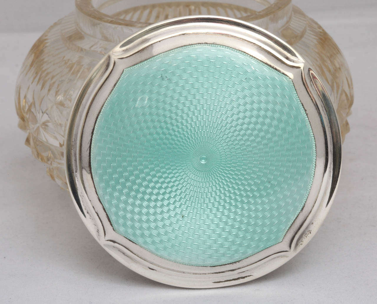 Art Deco Cut Crystal Powder Jar Mounted by a Sterling Silver and Turquoise Guilloche Enamel Lid In Excellent Condition In New York, NY