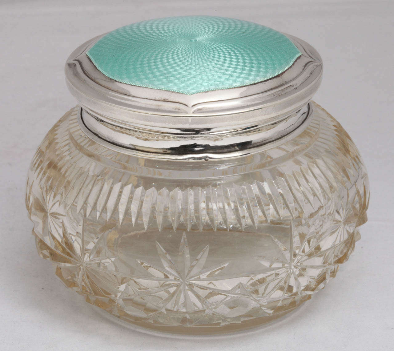 Art Deco Cut Crystal Powder Jar Mounted by a Sterling Silver and Turquoise Guilloche Enamel Lid 1