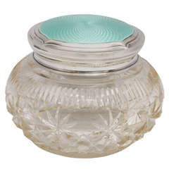 Antique Art Deco Cut Crystal Powder Jar Mounted by a Sterling Silver and Turquoise Guilloche Enamel Lid