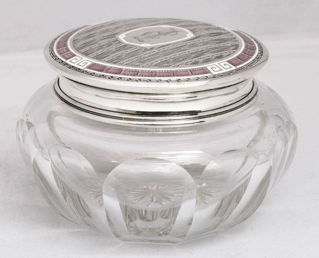 Unusual Kerr Art Deco Powder Jar Mounted By a Sterling Silver and Purple and White Guiloche Enamel Lid 1