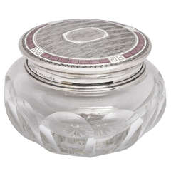 Unusual Kerr Art Deco Powder Jar Mounted By a Sterling Silver and Purple and White Guiloche Enamel Lid