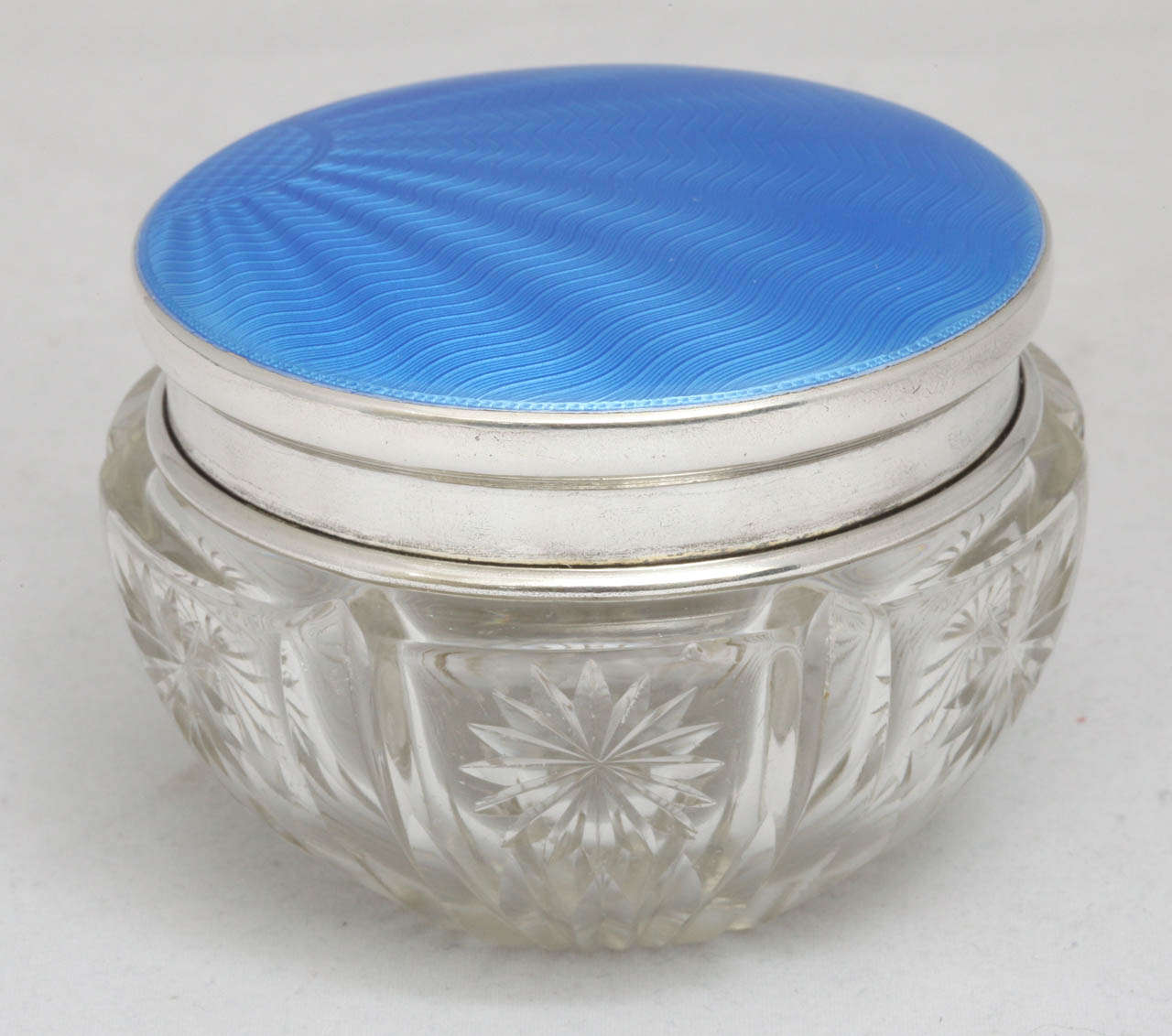 Art Deco, powder jar, mounted by a sterling silver and blue guilloche enamel lid, Birmingham, England, 1935, Daniel Mfg, Co. -  makers. @2 1/2