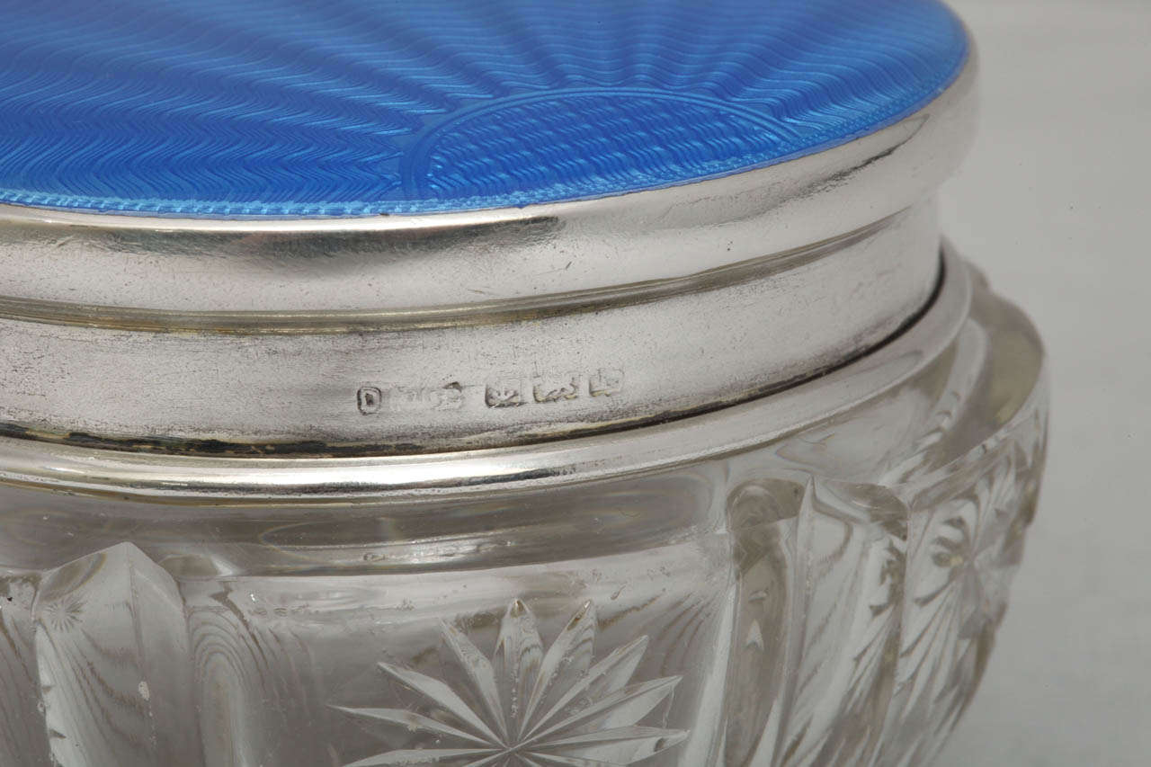 British Art Deco Powder Jar Mounted by a Sterling Silver and Blue Guilloche Enamel LId