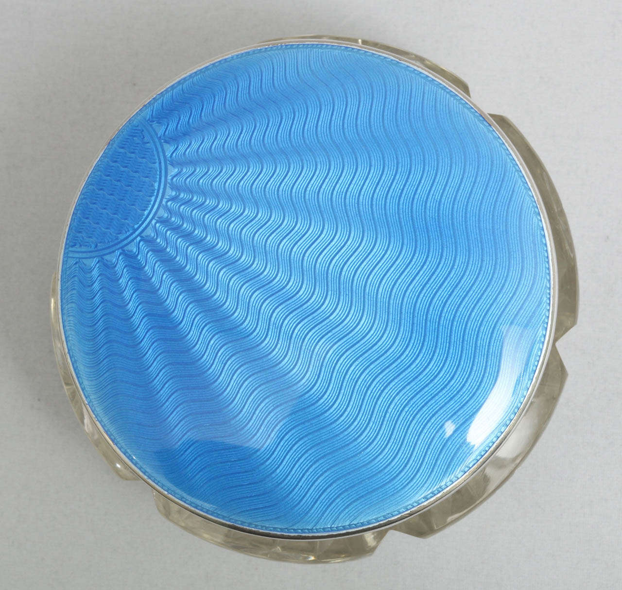 Mid-20th Century Art Deco Powder Jar Mounted by a Sterling Silver and Blue Guilloche Enamel LId