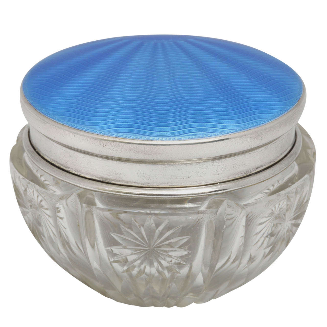 Art Deco Powder Jar Mounted by a Sterling Silver and Blue Guilloche Enamel LId