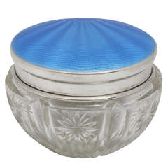 Vintage Art Deco Powder Jar Mounted by a Sterling Silver and Blue Guilloche Enamel LId