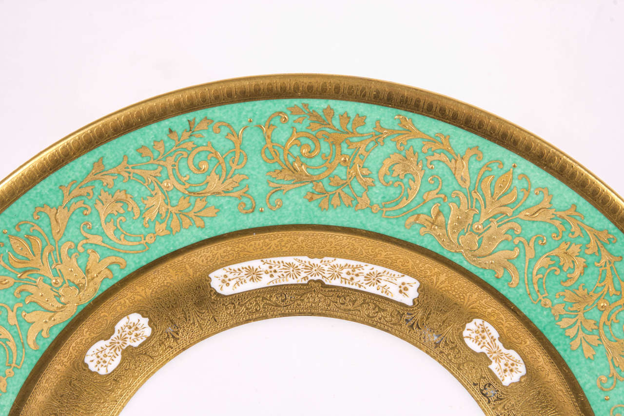 English 12 Gilt Encrusted Green Crown Staffordshire Presentation Plates