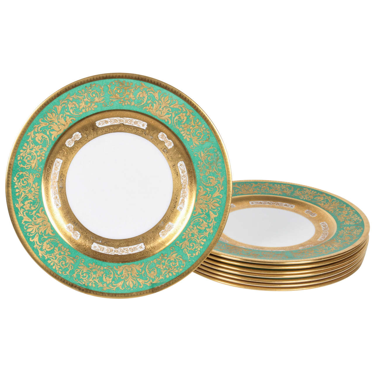 12 Gilt Encrusted Green Crown Staffordshire Presentation Plates
