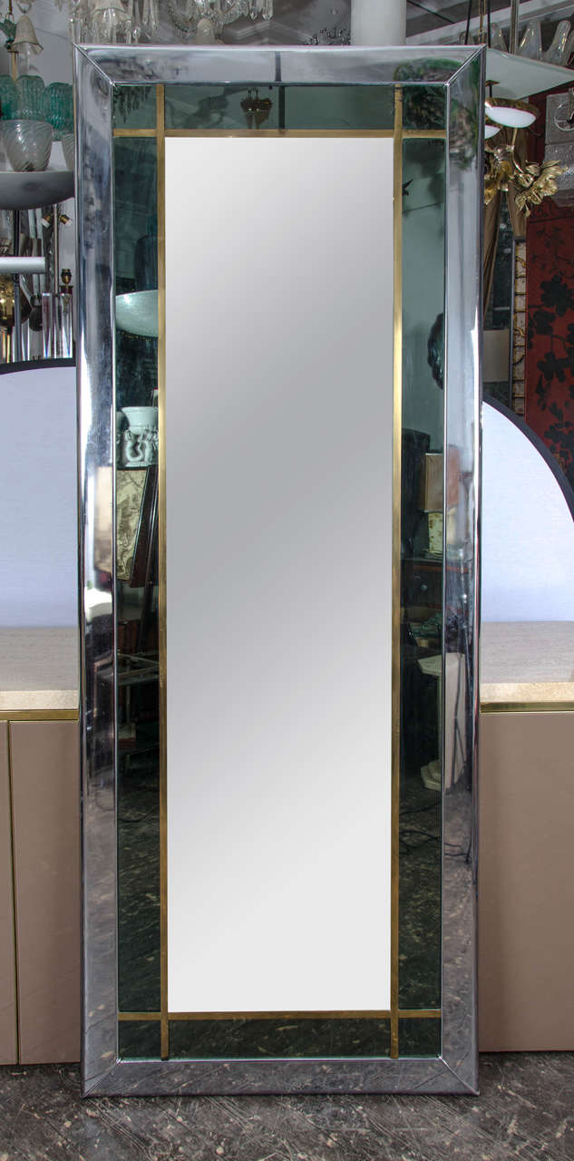 Tall Italian 1960s Mirror in Chrome and Brass Frame