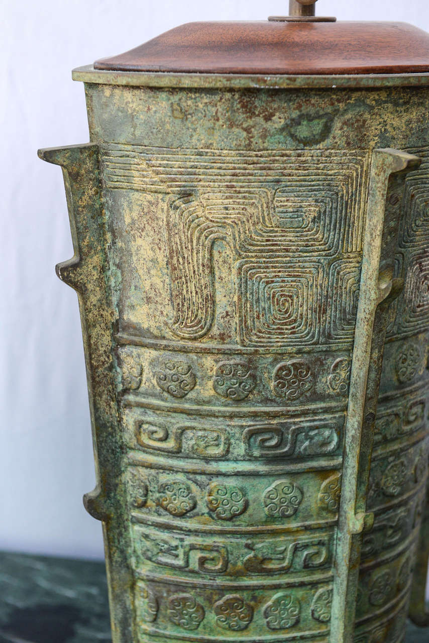 Chinoiserie Oversized Verdigris Bronze Asian Table Lamps