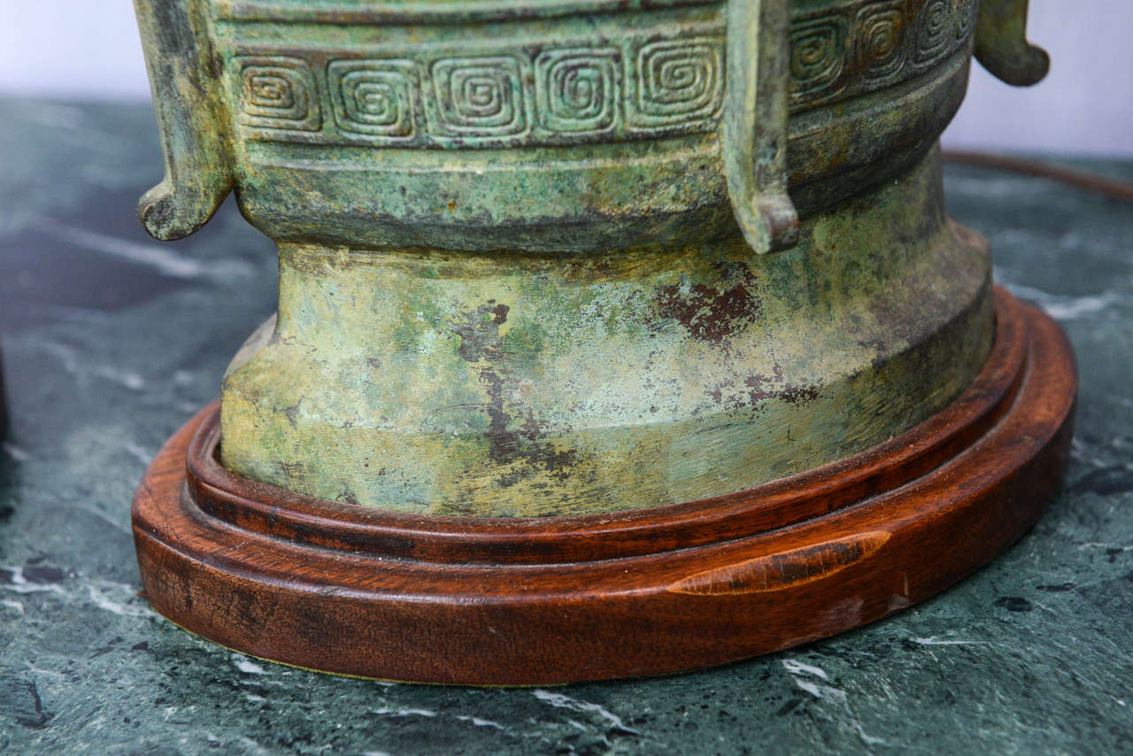 Patinated Oversized Verdigris Bronze Asian Table Lamps