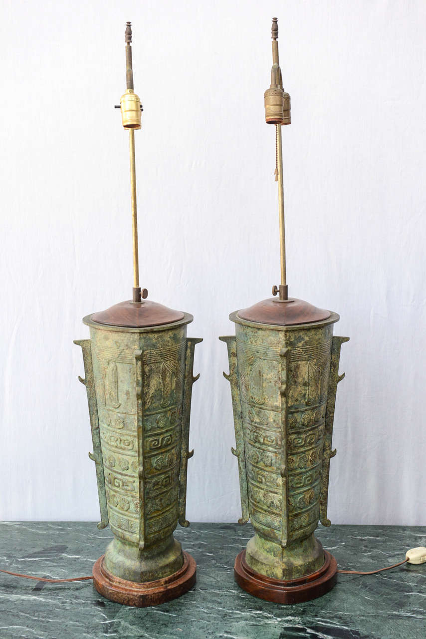 Oversized Verdigris Bronze Asian Table Lamps In Excellent Condition In North Miami, FL