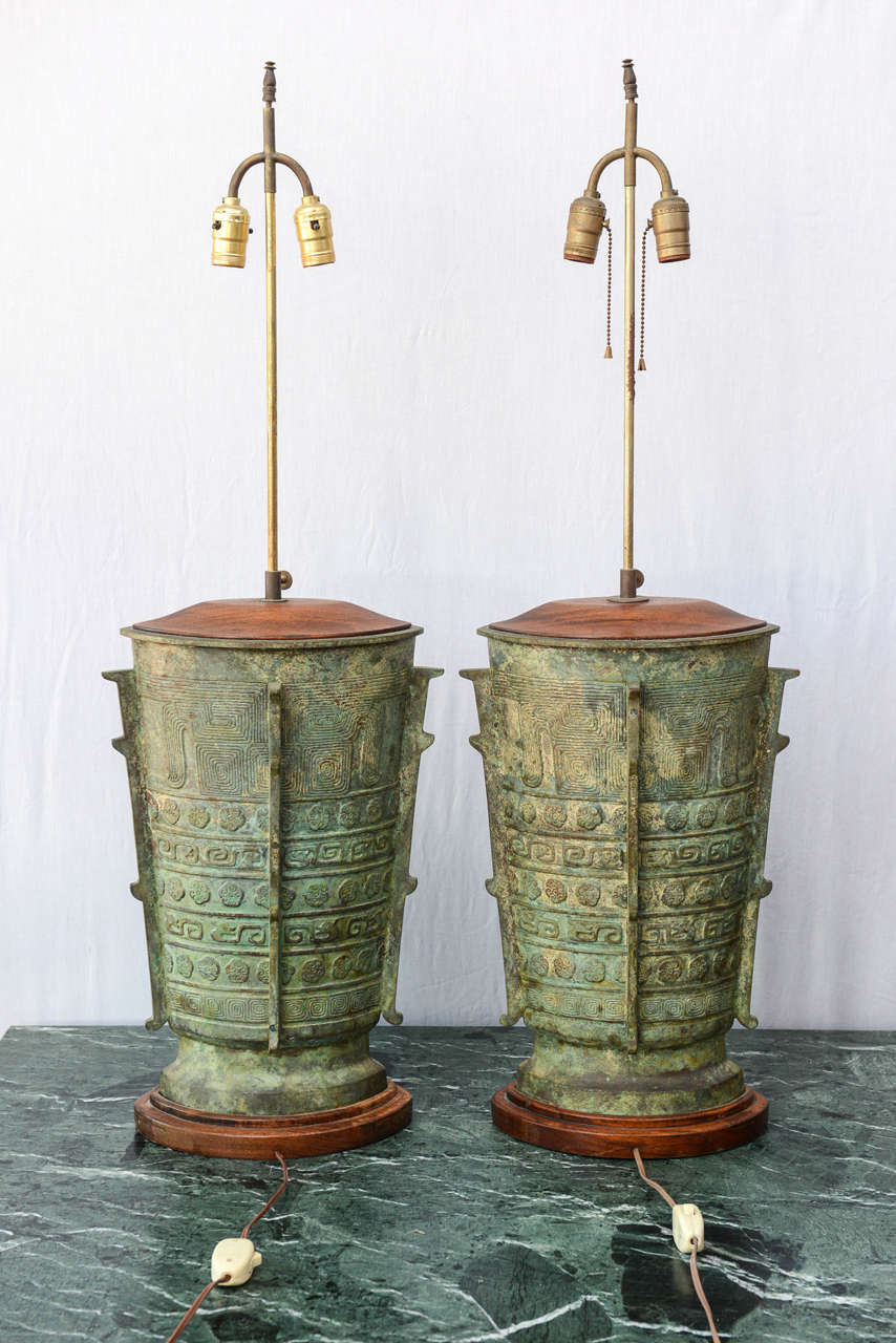 20th Century Oversized Verdigris Bronze Asian Table Lamps
