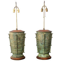 Oversized Verdigris Bronze Asian Table Lamps