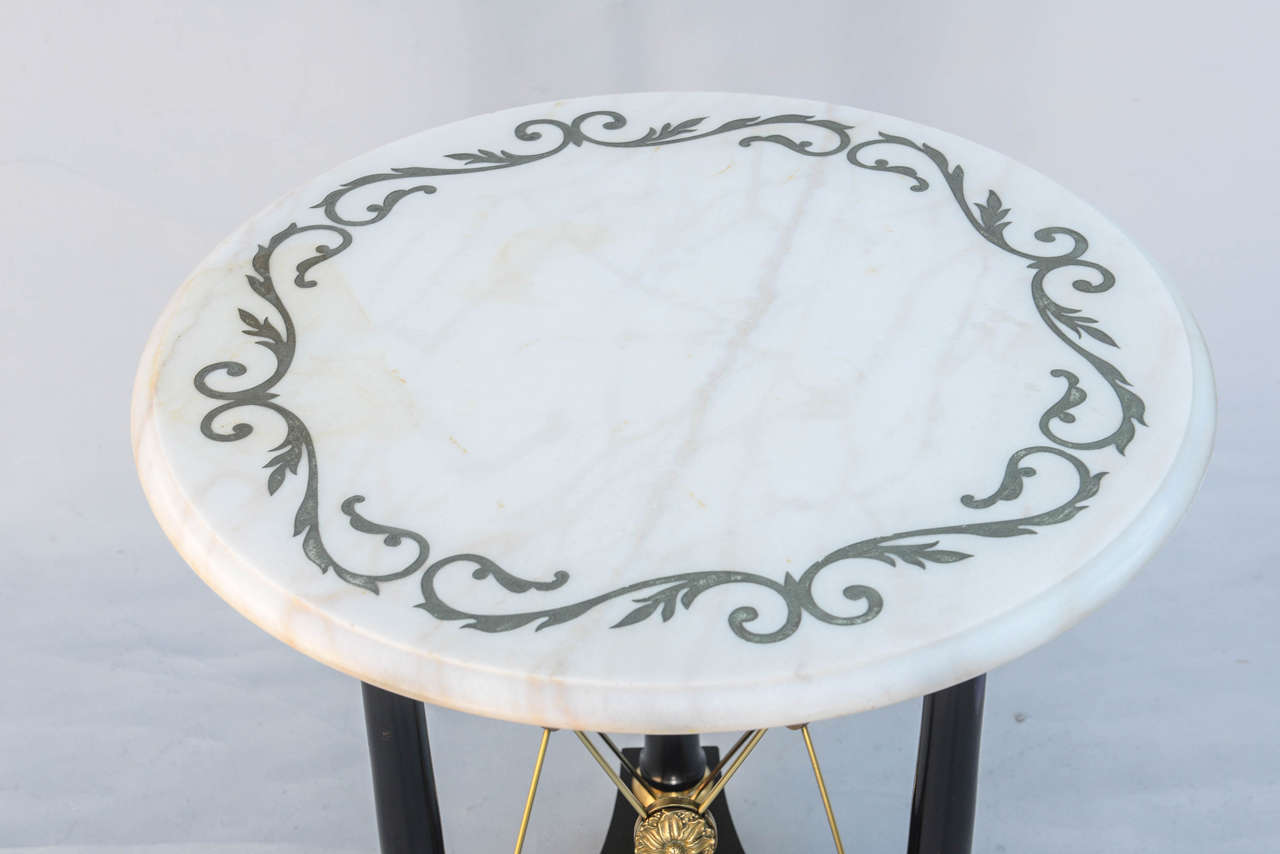 Mid-century Regency Table with Scroll-etched Marble Top In Excellent Condition In West Palm Beach, FL
