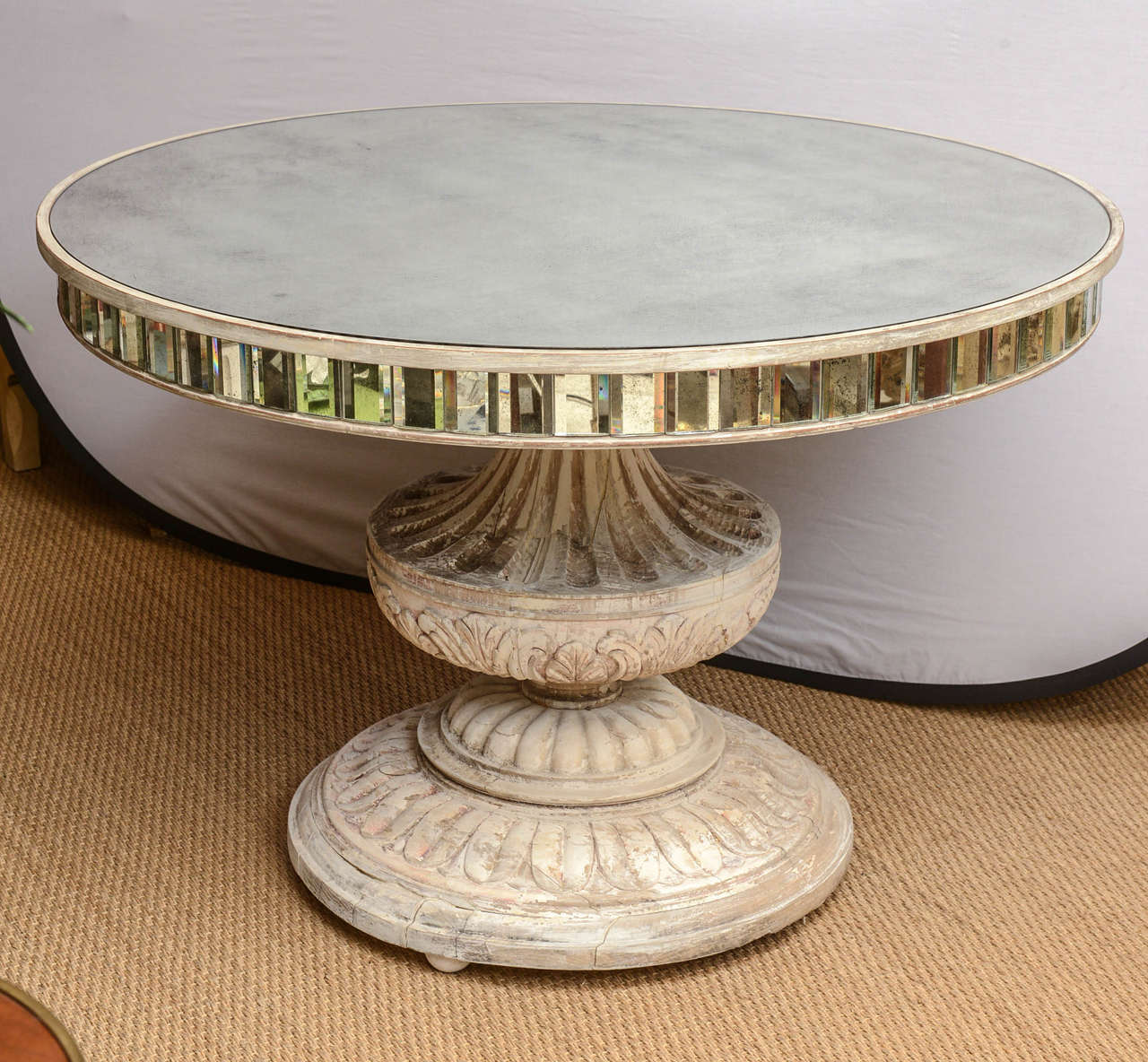 Spectacular Mirror-top Center Table on Grand Carved Wooden Urn