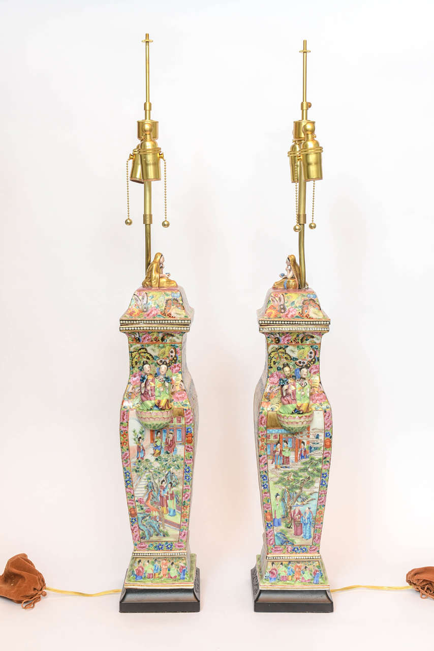 Vey Fine and Presentful Pair of Chinese Canton Covered Vase Lamps For Sale 1