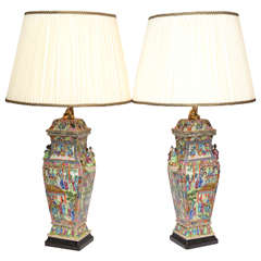 Vey Fine and Presentful Pair of Chinese Canton Covered Vase Lamps