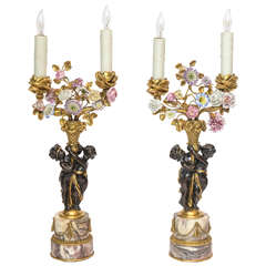Pair of Children Holding Candelabra Mounted on Rouge Marble by E.F. Caldwell
