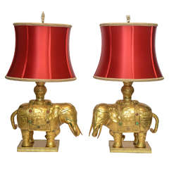 Vintage Pair of Tibetan Engraved Gold Gilded Elephant Lamps